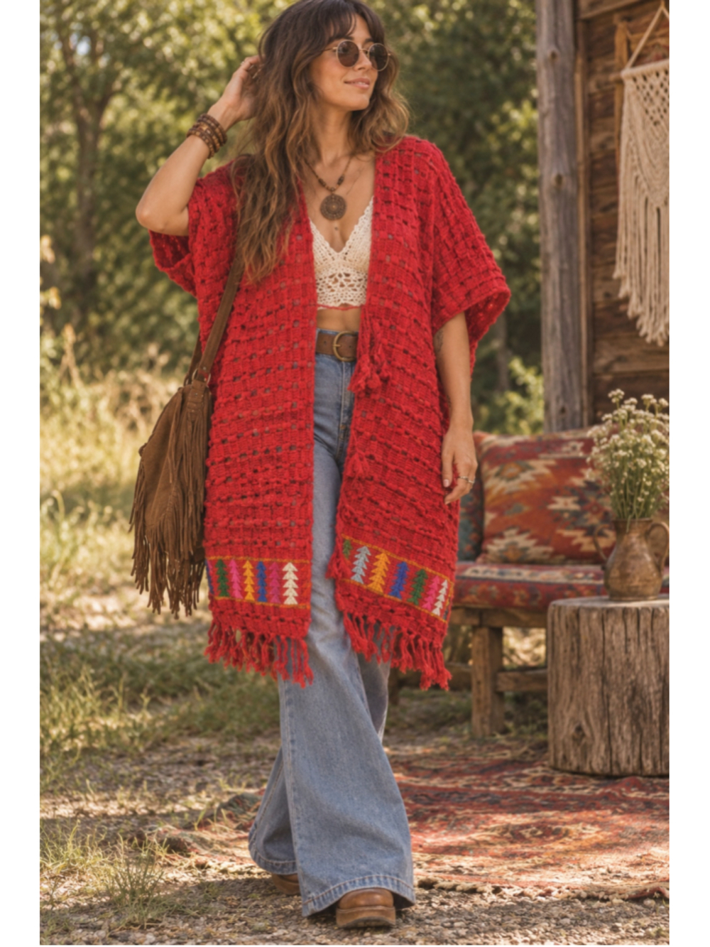 Vintage Guatemalan Huipil Poncho Handwoven Mayan Open Front Ruana Cape Red Boho